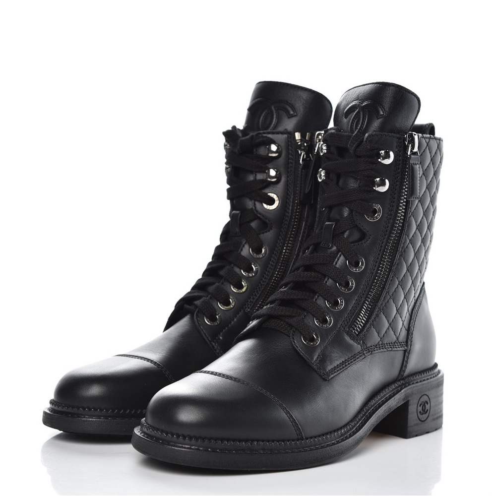 CHANEL Quilted Leather Lace Up Combat Black Boots Sz 37 US 7
